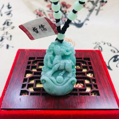 Zheru pure natural Jadeite carved light green zodiac horse pendant with green bead chain sweater chain Send A-level certificate