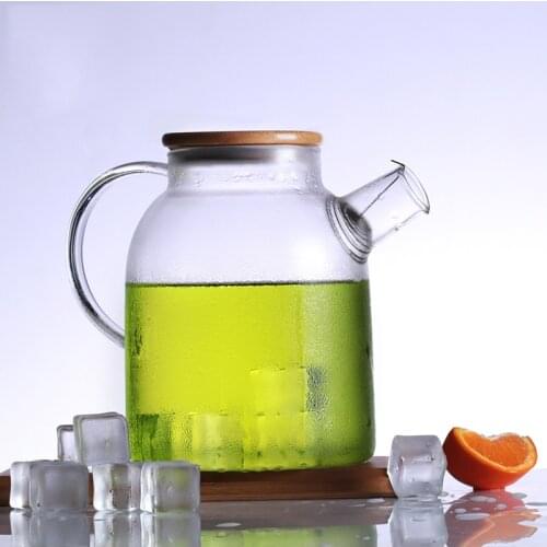 1000ml/1800ml Glass Kettle Water Jug Heat Resistant Flower Teapot With Bamboo Lid Stainless Steel Filter Clear Juice Container