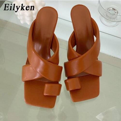 Eilyken New Design Non-Slip Bottoms Clip Toe Womens Slides Shoes Elegant Square Toe Thin High Heels Slippers Ladies Sandals