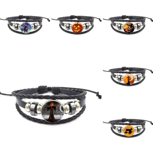 EJ Glaze For Women Girl Gift Fashion Multi Designs Glass Cabochon Black Leather Bracelet Bangle Jewelry Gifts Witch