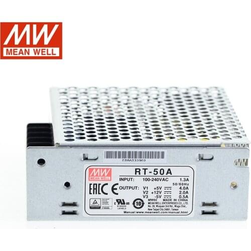 Original MEAN WELL RT-50A 46.5W Triple Output Switching Power Supply 5V 12V -5V DC 4A 2A 0.5A Power Unit Transformer 88-264Vac