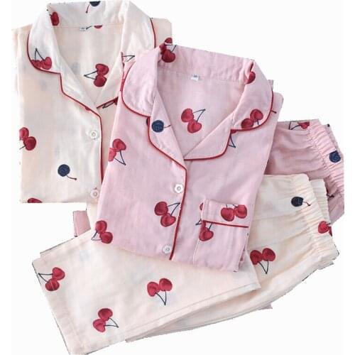 Spring And Autumn New Ladys Pajamas Set Cherry Printed 100% Gauze Cotton Turn-down Collar Long Sleeve Trousers Household Wear