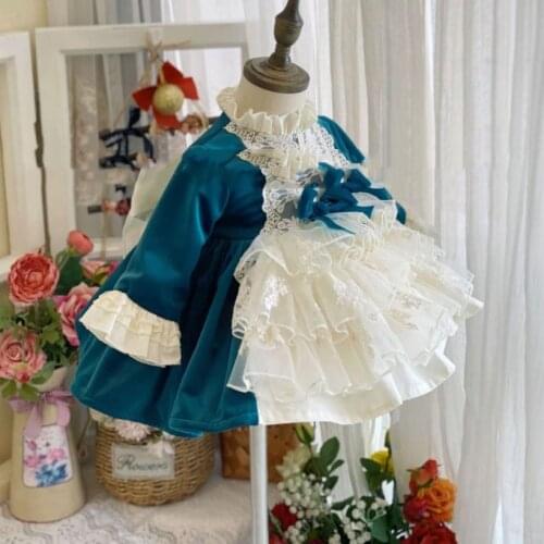 2PCS Autumn Spanish Lolita Girls Princess Dress Lace Stitching Flare Sleeve Cute Dress For Girls Birthday Easter Vestidos Y3279