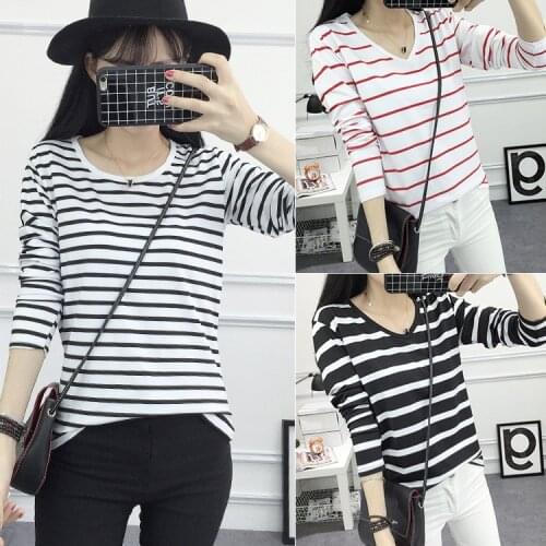 Casual Winter Clothing T Shirt Stripe O-NECK Woman Long Sleeve Jacket Cotton Elegant Ladies Tees Garment ds104