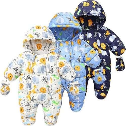 Newborn Baby Casual Glove Rompers Thicken Winter Hooded Clothes For Infant Girl Boy Cartoon Print Bodysuit Toddler Kids Clothing