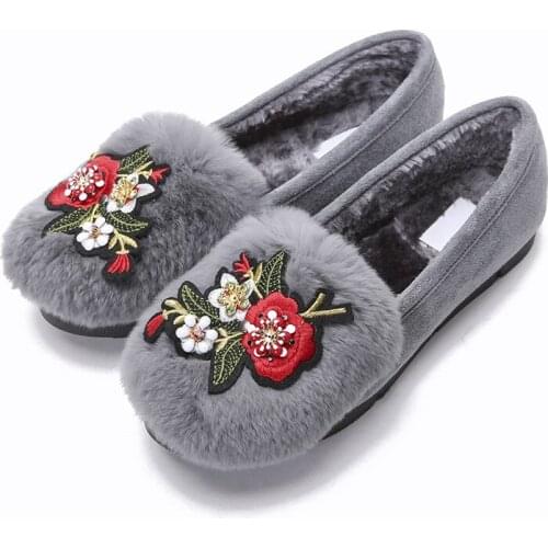 Real Rex rabbit hair women fur slippers embroider flower loafers flat heels platform espadrilles plus size plush cotton shoes
