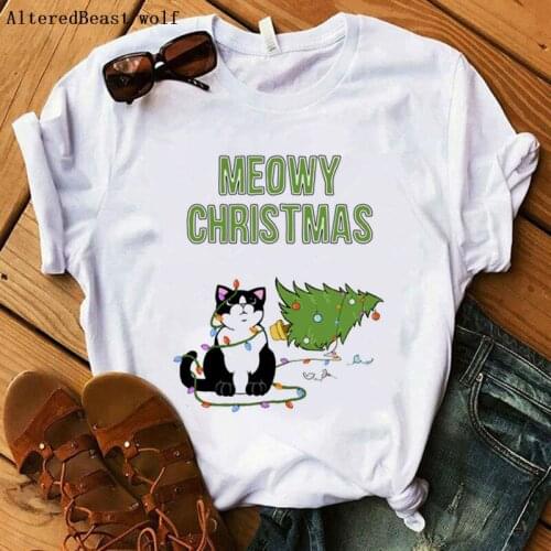 Christmas Tuxedo Cat Knocked Over Tree T-Shirt funny Christmas Cat tshirt print women white tops clothes vogue female t shirt