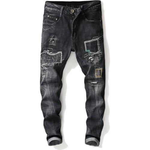 Ripped Straight Mens Jeans Distressed patches Black Denim Pants Trousers #0013