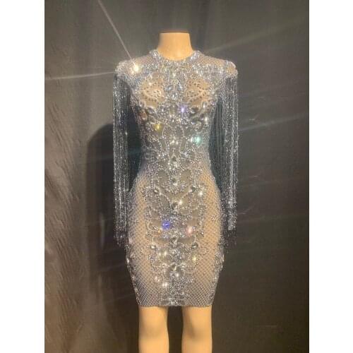 Silver Rhinestones Black Fringes See Through Dress Birthday Celebrate Dress Prom Outfit Bar Women Dance Dress Club Night Dress