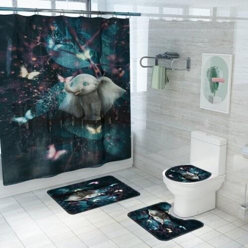 Cute Dumbo Elephant Fabric Shower Curtains Bathroom Curtain Anti-skid Pedestal Rugs Carpet Toilet Lid Cover Bath Mat