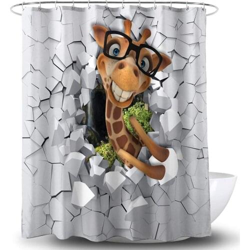 Cute Funny Animal Giraffe with Glasses Breaking into Wall 3D Art Printing Bath Curtain, Modern Waterproof Fabric Bathroom Decor