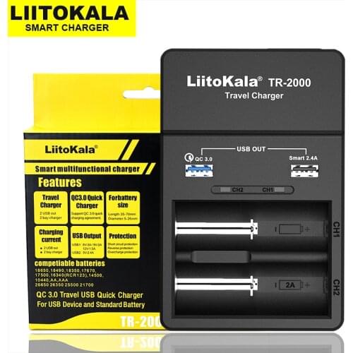 2020 LiitoKala TR-2000 charger and USB QC 3.0 output travel charger for 18650 26650 21700 18500 and 5V electronic devices