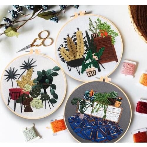 Green Potted Plants Pattern Printed DIY Embroidery Set Needlework Tools Fabric Round Sewing Craft Kit for Beginner Wall Painting
