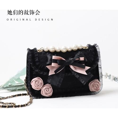 Gothic Lolita JK Sweet Cool Girls Kawaii Handbag Lace Pearl Chain Bowknot Flower Shoulder Bag All-match Original Crossbody Bag