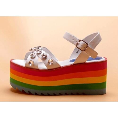 Woman Rainbow Thick Sole Platform Wedge Sandal Female White Leather Bling Rhinestone Studs Ankle Strap Peep toe Sandals Shoes