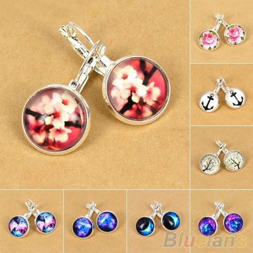 Womens Galaxy Space Glass Charm Silver Plated French Lever Back Drop Earrings