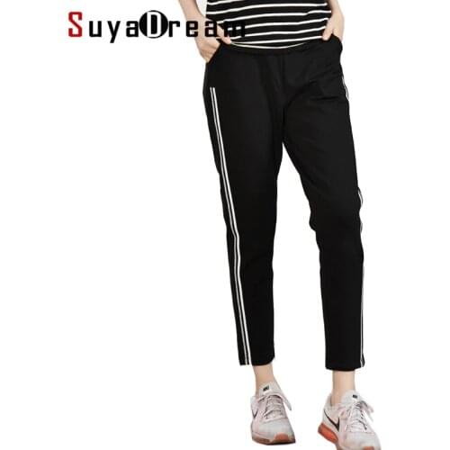 Women Winter Pants 100%Natural Silk Lining Ankle-length Casual Pants For Women Side Striped 2020 Fall Winter Black Trousers