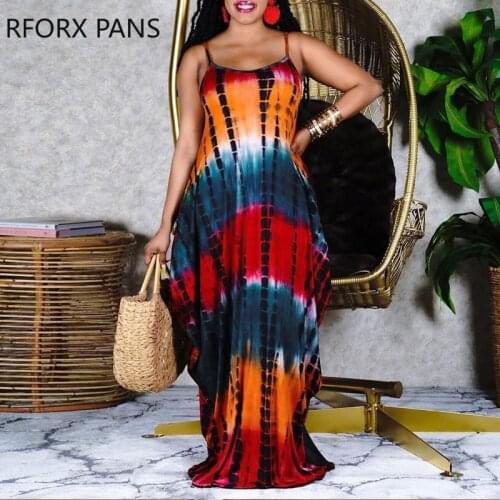 Women Dress Tie Dye Print Spaghetti Strap Maxi Dress Sexy Party Dress