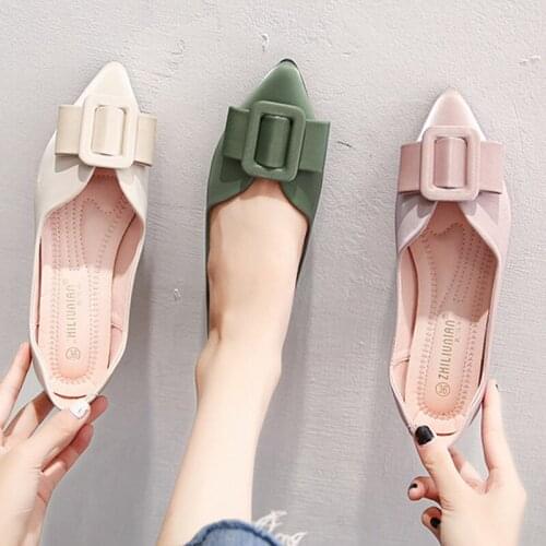 2020 Office Pointed toe silk ballet flats woman loafers shoes for women ballerina shallow square buckle moccasins plus size34-43