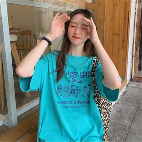 2021 college style summer oversized t-shirt cartoon print short-sleeved t-shirt loose plus size womens top ladies tops