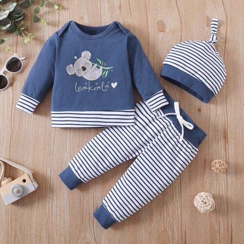 PatPat Baby 3pcs Koala Letter and Stripe Print Long-sleeve Cotton Set