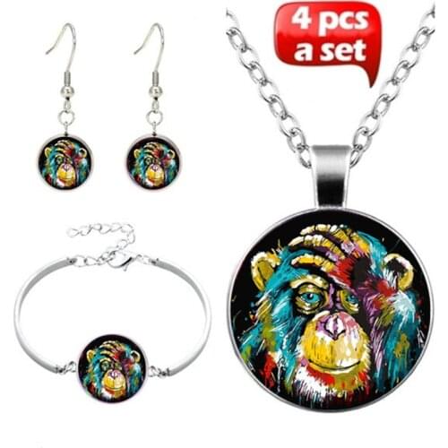 4 Pcs/Set Baboon Glass Cabochon Necklace Earrings Bangle Colorful Monkey Art Picture Pendant Statement Chain For Women Jewelry
