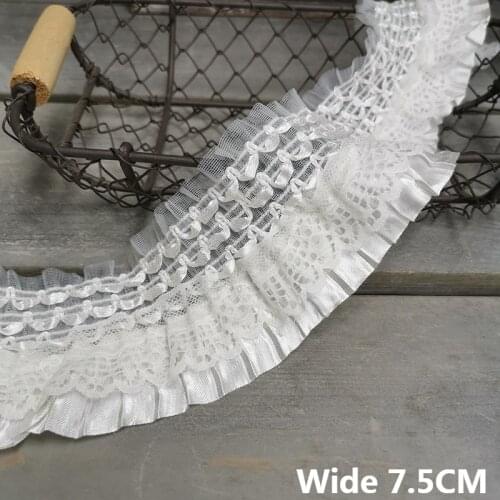 7.5CM Wide White Black Pleated Satin Guipure Lace Fabric Elastic Ruffle Trim Fringe Ribbon Wedding Dress Curtains Sewing Decor