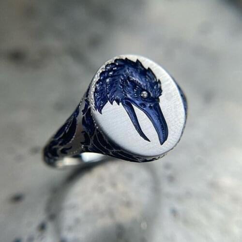 Simple Design Ring Silver Plated Enamel Ferocious Animal Blue Eagle Rings for Men Women Gothic Punk Party Boho Jewelry Gift