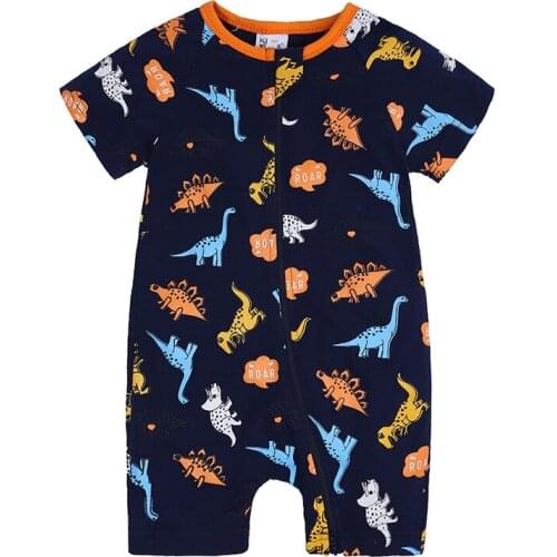 Baby Girl Boy Clothes Rompers Jumpsuit Double Zipper Dinosaur Cartoon Cotton Short Sleeve Infant Pajamas Bodysuit for Newborn