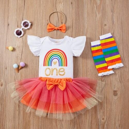 Toddler Baby Girls Summer Rainbow Flared Short Fly Sleeves Romper + Mesh Tutu Skirt + Leg Warmer + Headband 4Pcs Outfits