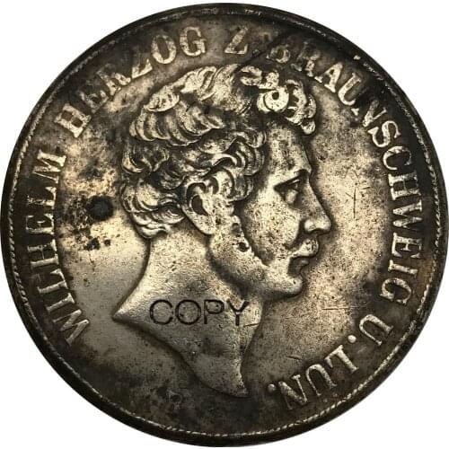 German States Duchy of Brunswick Wolfenbuttel 2 Thaler 3 1/2 Gulden 1854 B Brass Plating Silver Copy Coin