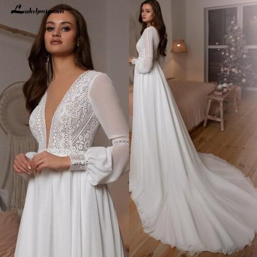 Lace Boho Wedding Dress long sleeves bohemian Bridal Gowns A Line Vestidos de Nova Lakshmigown