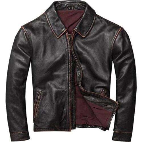 Old Fashion Vintage Mens Cowhide Leather Jacket Street Retro Biker Mens Bomber Leather Coat 4XL Clothes Men Plus Size Overcoats