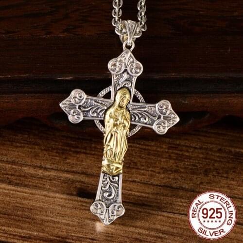 Real 100% 925 Sterling Silver Virgin Mary Sculpture Cross Pendants for Women Men Religious Christian Jewelry Without a Chain