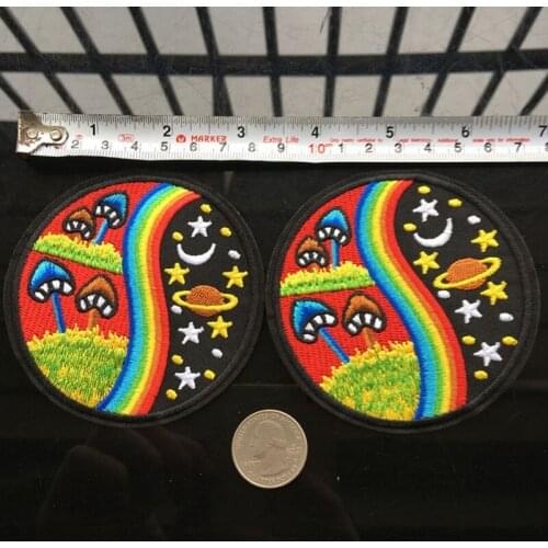 New Arrival Starry Sky Mushroom Rainbow Hippie Cosmic Boho Retro Love Peace Applique Iron On Patch Space Moon And Star Badges