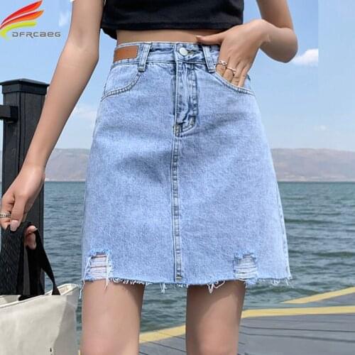 New Summer 2021 A Line Denim Skirt Women High Waist Epaulet Blue Jean Skirt Withe Hole Button All-matched Saia Jeans Hot Sale