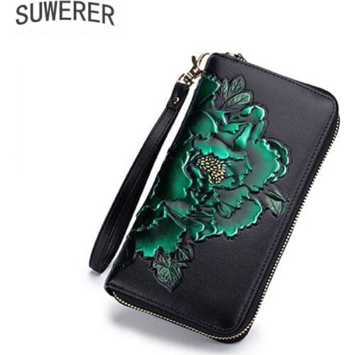 New style peony hand-painted organ wallet ladies long multi-card slot leather large-capacity rfid wallet Chinese style