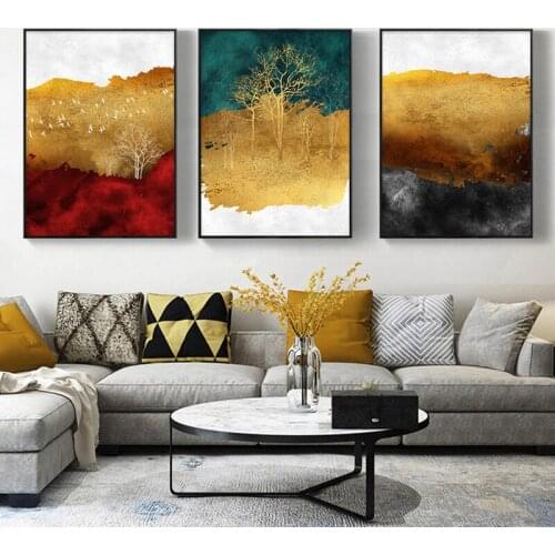 Modern Golden Rich Tree Birds Forest Canvas Painting Abstract Posters and Prints Wall Pictures for Living Room Quadro Home Decor