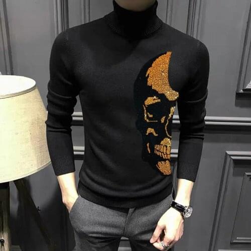 Autumn/Winter Harajuku Design New Mens Turtleneck Sweater Male Warm Knitting High-Quality Long Sleeve Tops Skull Pullover