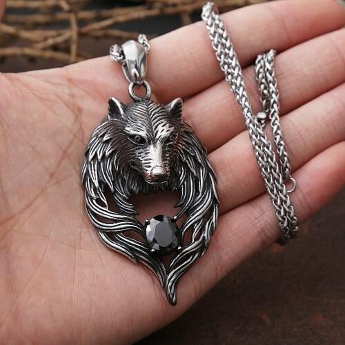 Vintage Viking Wolf Necklace Mens Chain Punk Street Rock Stainless Steel Odin Wolf Head Necklace And Pendant Goth Accessories