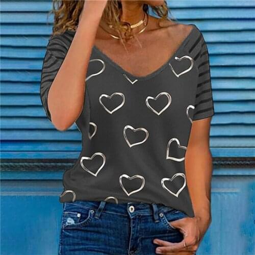 Fashion New Summer Women Heart Print T-Shirts For Streetwear Decor V-Neck Short Sleeve Casual Loose Sexy Pullovers Tops