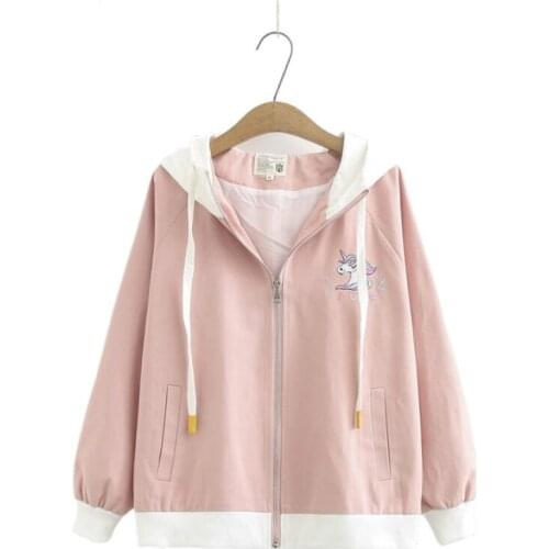 Pink Carton Unicorn Embroidery Jacket Coats With Horn On Hood For Women Clothes 2020 Summer Sweet Style Ladies Pockets Outwear