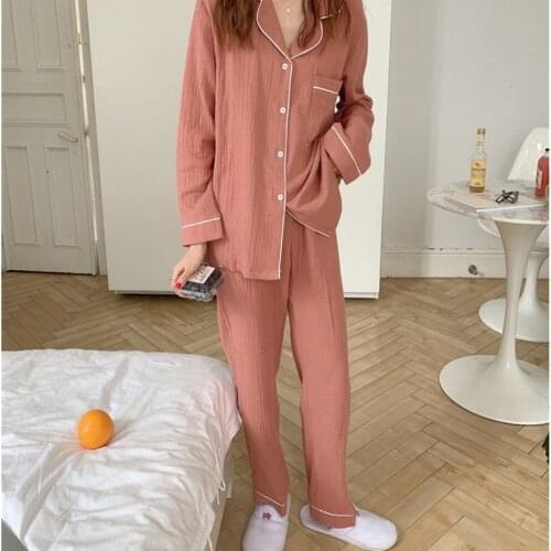 Womens Pajamas Spring Autumn Gauze Long-Sleeve Trouser Sleepwear Cotton Solid Color Lapel Cardigan Korean Casual Loose Homewear