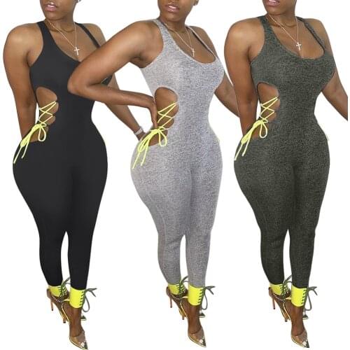 Women´s Sexy Suspender Jumpsuit Fashion Solid Color Hollow Bandage Summer Long Jumpsuit