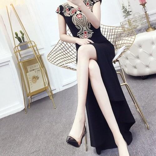 Retro Pattern Print Women Elegant Evening Dress V Neck Short Sleeve Mermaid Dress Side Slit Prom Dresses Robe Satin Longue