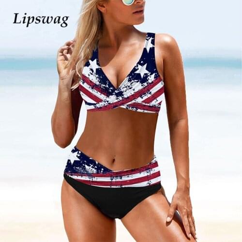 2021 summer Ladies high waist swimsuit bikini swimsuit sexy push-up bikini suit swimsuit female new flag print lace Bathing Suit