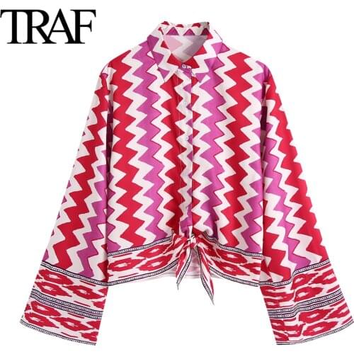 Traf Za Women Fashion Corrugated Printed Long Sleeve Blouses Bow Loose Vintage Lapel Button Shirts Chic Office Ladies Tops Mujer