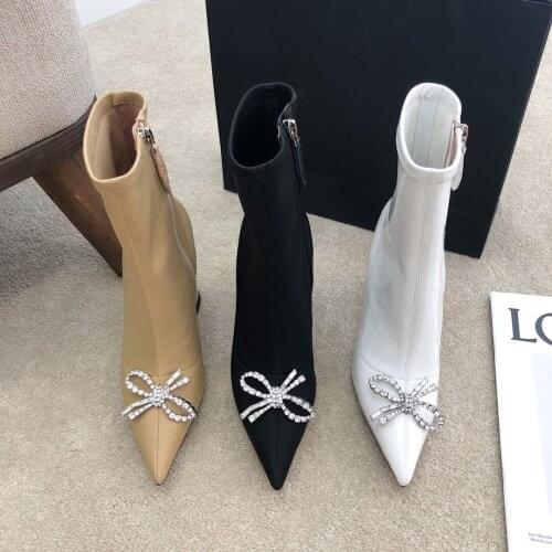 Casual Designer Women Boots White Genuine Leather Stretch Crystal Bow Pointy Toe High Heels Chelsea Boots 10cm