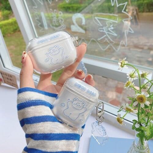 Cute Bear Earphone Case For AirPods 1 2 Pro Case Transparent Soft TPU Cute Bluetooth Earphone Charging Box With Keyring