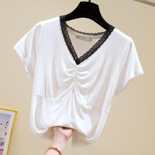 V-Neck Black Tee Shirt Femme 2021 Short Sleeve T shirt Women Tops Tshirt Summer Cotton Lace Patchwork Fold T-shirt Women